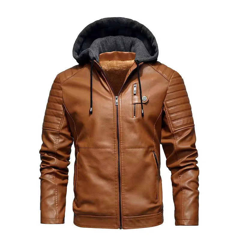 Men's Winter Casual PU Leather Hooded Zipper Fleece-lined Thicken Warm Jackets Male Motorcycle Leather Jacket Outdoor Coats