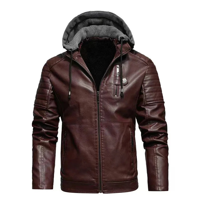 Men's Winter Casual PU Leather Hooded Zipper Fleece-lined Thicken Warm Jackets Male Motorcycle Leather Jacket Outdoor Coats