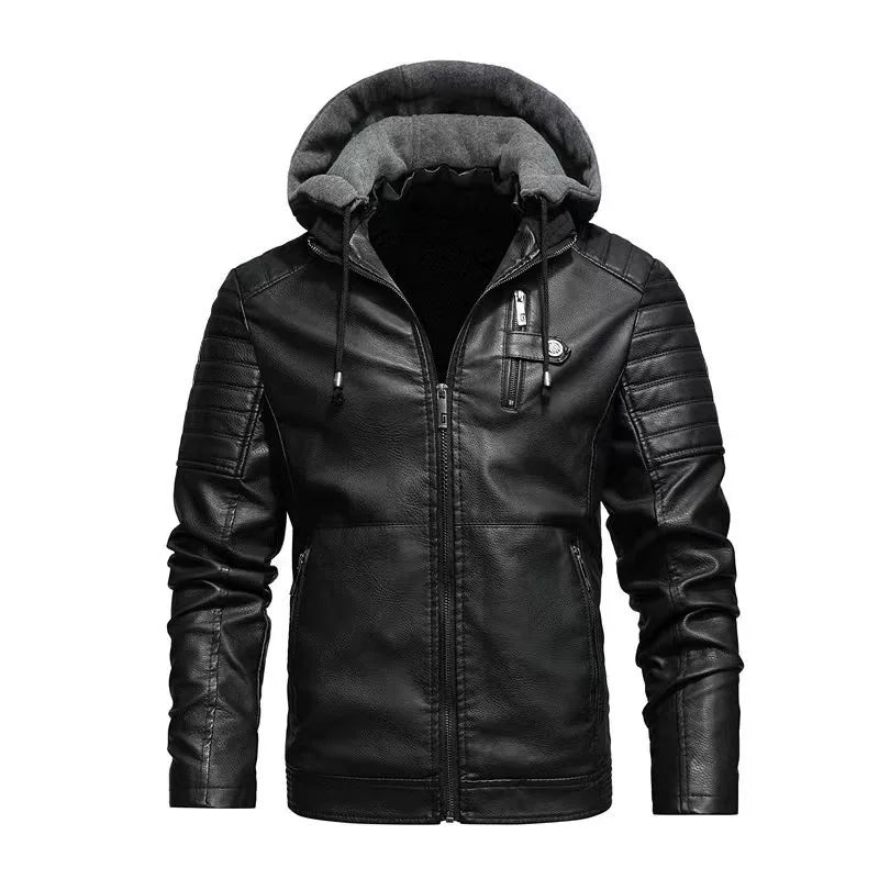 Men's Winter Casual PU Leather Hooded Zipper Fleece-lined Thicken Warm Jackets Male Motorcycle Leather Jacket Outdoor Coats