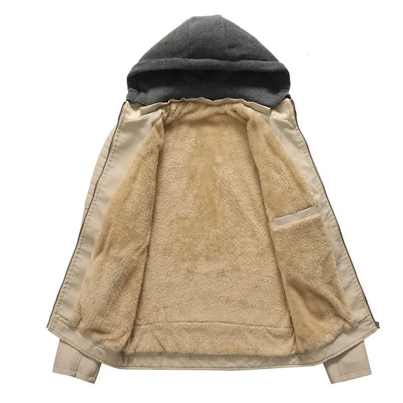 Men's Winter Casual PU Leather Hooded Zipper Fleece-lined Thicken Warm Jackets Male Motorcycle Leather Jacket Outdoor Coats