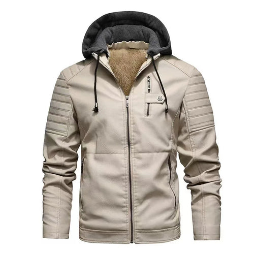 Men's Winter Casual PU Leather Hooded Zipper Fleece-lined Thicken Warm Jackets Male Motorcycle Leather Jacket Outdoor Coats