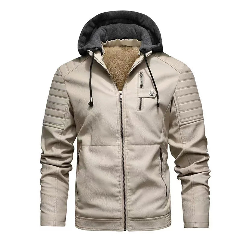 Men's Winter Casual PU Leather Hooded Zipper Fleece-lined Thicken Warm Jackets Male Motorcycle Leather Jacket Outdoor Coats