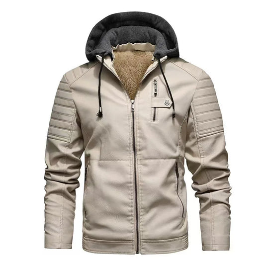 Men's Winter Casual PU Leather Hooded Zipper Fleece-lined Thicken Warm Jackets Male Motorcycle Leather Jacket Outdoor Coats