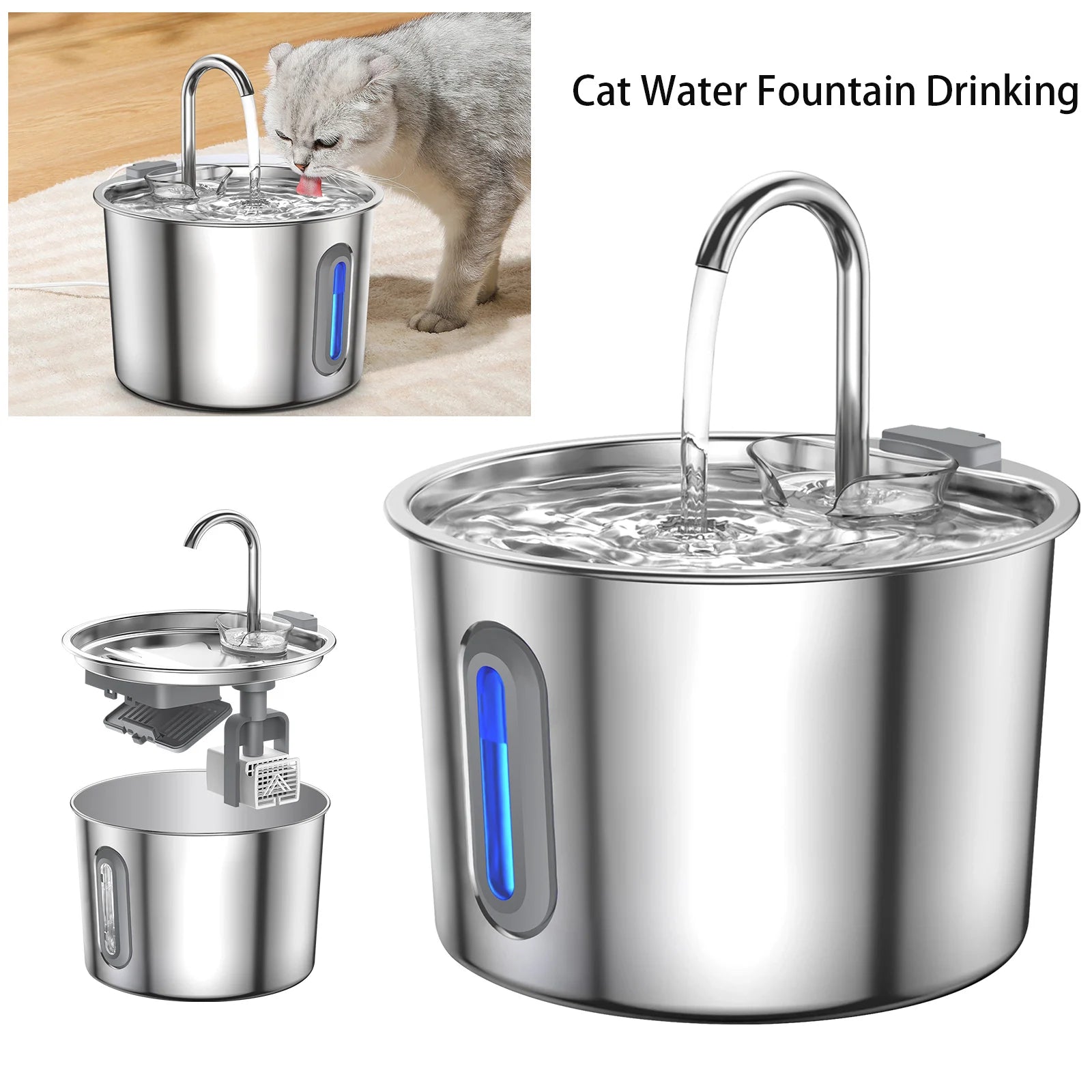 Stainless Steel Cat Water Fountain Dishwasher Safe, 2.2L Automatic Pet Water Dispenser with Upgraded Quiet Pump