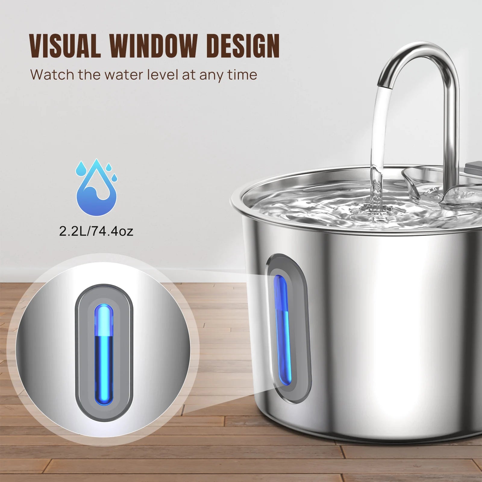 Stainless Steel Cat Water Fountain Dishwasher Safe, 2.2L Automatic Pet Water Dispenser with Upgraded Quiet Pump