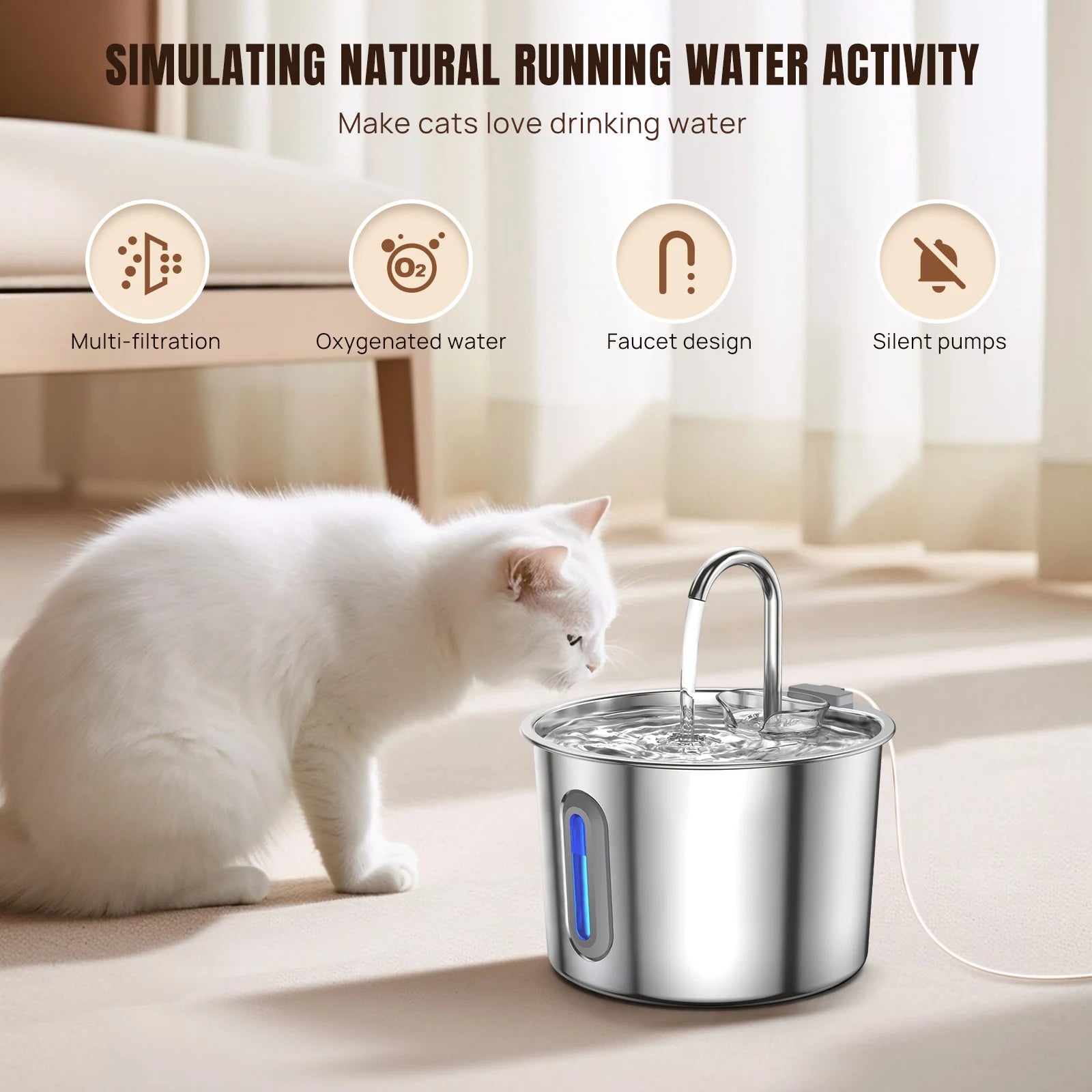 Stainless Steel Cat Water Fountain Dishwasher Safe, 2.2L Automatic Pet Water Dispenser with Upgraded Quiet Pump